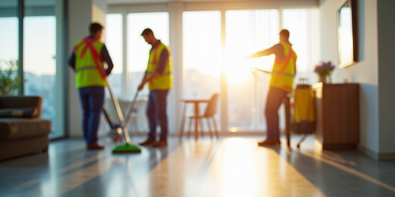 Profesjonalny zespół sprzątający w nowoczesnym wnętrzu