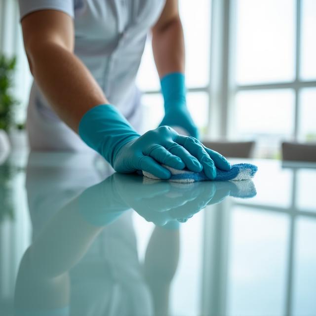 Pracownik w profesjonalnym stroju wykonujący dezynfekcję biura